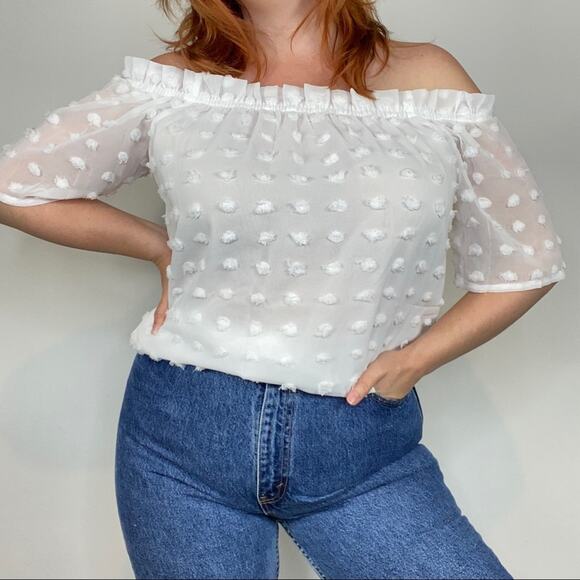 Boutique NWOT White Double Layered Textured Polka Dot Off the Shoulder Blouse - Picture 8 of 12